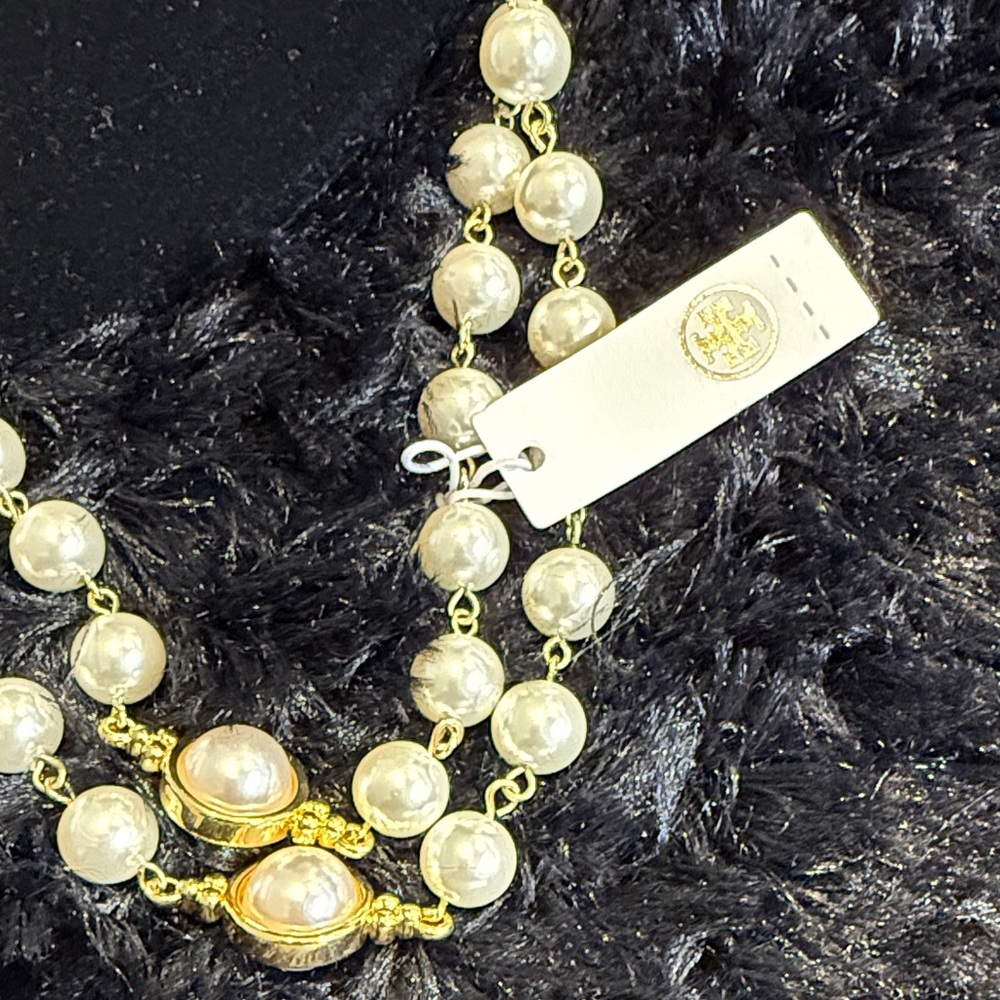 Tory Burch Elegant Gold and Cream Pearl Necklace 26” - Picture 3 of 5